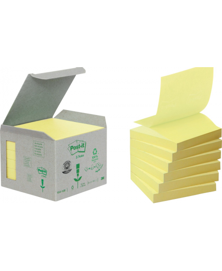 Ekologiškų lipnių lapelių kubas Post-it® Recycled Z-Notes, 76x76mm, 600 lapelių, geltoni