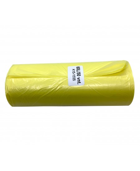 Atkritumu maisi, 60 litri, rullī 50 gab., Biezums 8 µm, HDPE, dzeltenā krāsā.