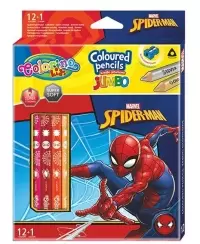 Spalvoti pieštukai COLORINO Marvel \"Žmogus voras\" JUMBO, tribriauniai, su drožtuku, 12+1 spalvų