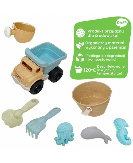 Smilšu komplekts ar spainīti un pašizgāzēju WOOPIE Green, 8 daļas