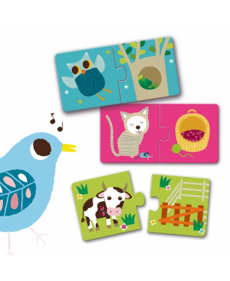 Divpusēja puzle pašiem mazākajiem DJECO Kas kur dzīvo, 20 detaļas