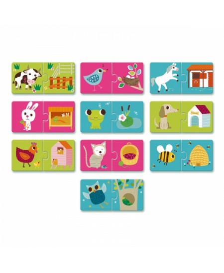 Divpusēja puzle pašiem mazākajiem DJECO Kas kur dzīvo, 20 detaļas