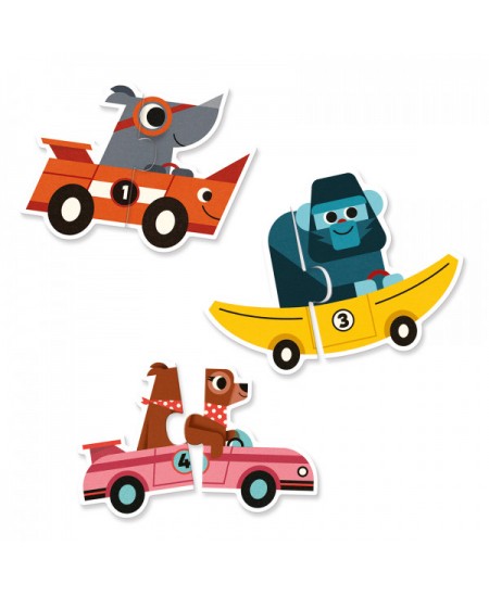 Divpusēja puzle mazuļiem DJECO Sporta automašīnas, 20 detaļas