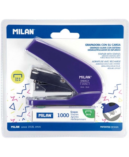 Enerģiju taupošs kompakts skavotājs ar skavām MILAN Acid, līdz 20 lapām, zils