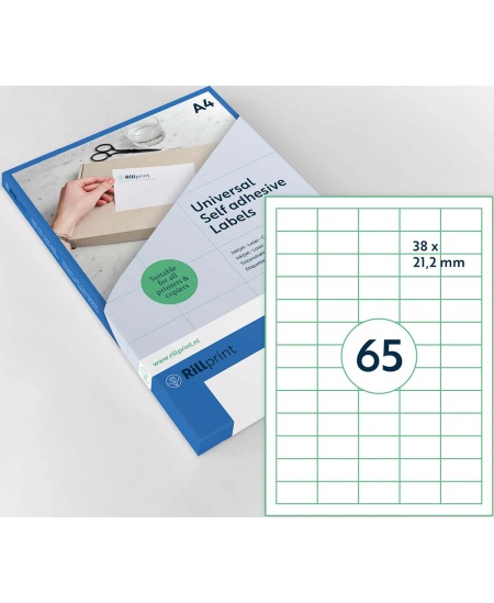 Etiķešu uzlīmes RILLPRINT 38x21,2 mm, A4, 65 uzlīmes vienā lapā, 100 lapas
