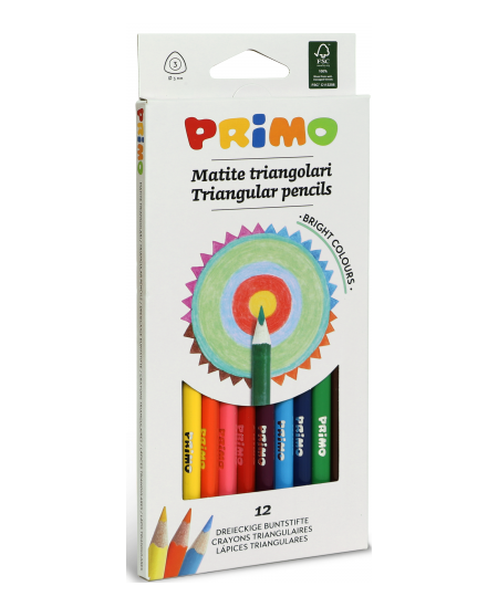 Krāsainie zīmuļi PRIMO, trīsstūru forma, 12 krāsas.