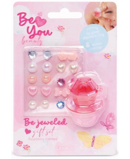 Auskari un gredzens ar lūpu spīdumu komplektā CASUELLE BeYou Aveņu