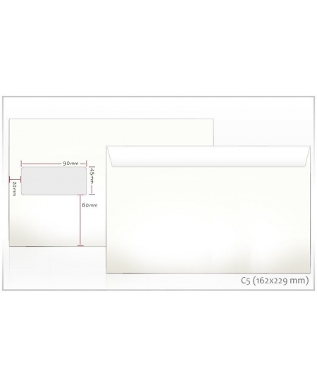 Aploksnes C5, 162x229 mm, lodziņš kreisajā pusē 45x90 mm, ar noplēšamu sloksni, 1000 gab.