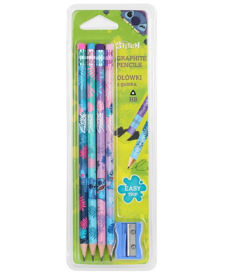 Zīmuļi ar dzēšgumijām DISNEY Stitch Blue, trīsstūrveida, ar asināmo, HB, 4 gab.