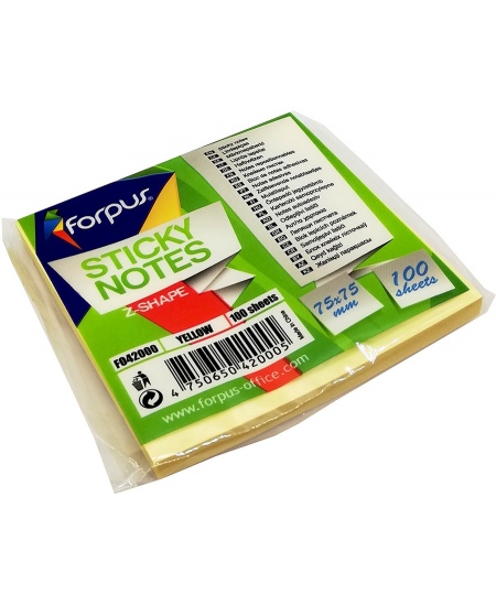 Līmlapiņas FORPUS Z-SHAPE, 75x75 mm, 100 loksnes, dzeltenas