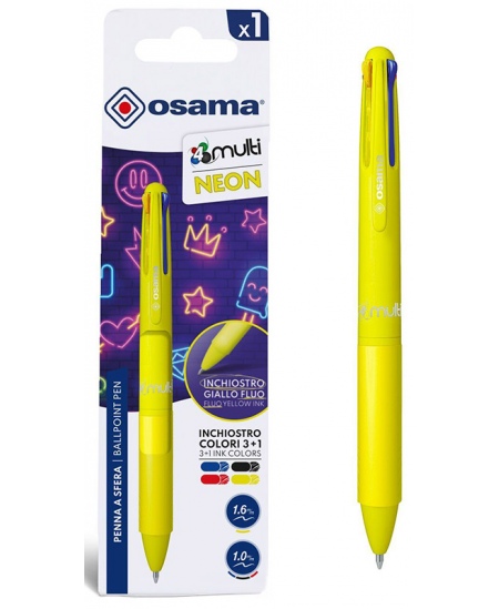 Automātiska 4 krāsu lodīšu pildspalva OSAMA 4Multi Neon, 1 mm, dzeltens korpuss