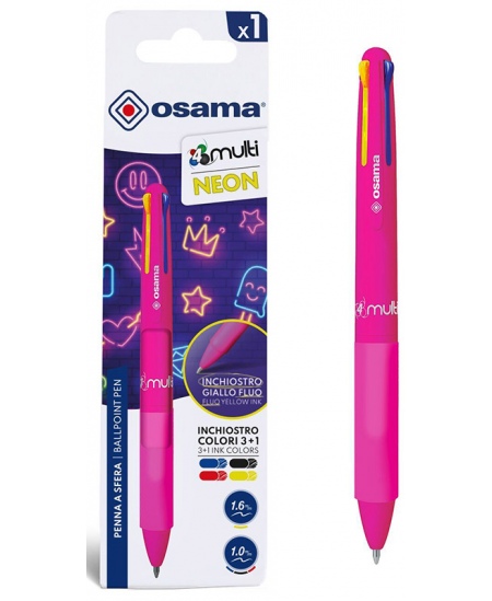 Automātiska 4 krāsu lodīšu pildspalva OSAMA 4Multi Neon, 1 mm, rozā korpuss