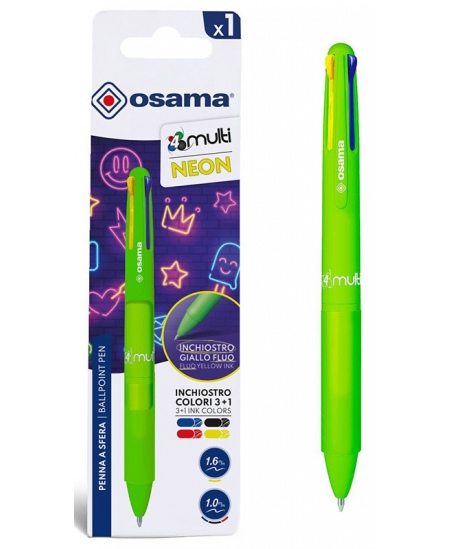 Automātiska 4 krāsu lodīšu pildspalva OSAMA 4Multi Neon, 1 mm, zaļš korpuss