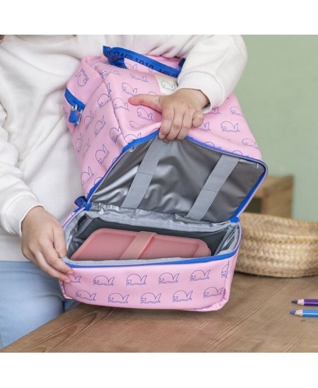 Bērnudārza mugursoma MILAN Vaļi, rozā, ar termo nodalījumu