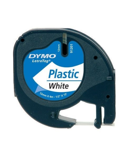 Lente DYMO LetraTag, 12 mm x 4 m, plastmasas, melns šrifts, balta lente