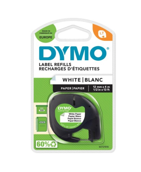 Lente DYMO LetraTag, 12 mm x 4 m, papīra, melns šrifts, balta lente