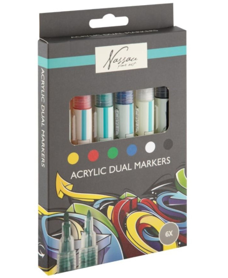 Akrila marķieri NASSAU, divpusēji, 6 krāsas