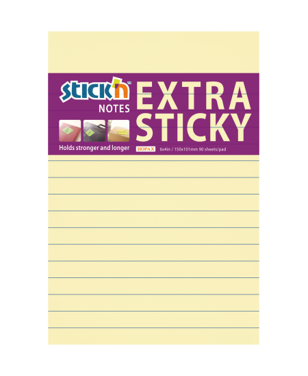 Superlīmveida piezīmju lapiņas STICK´N, 150 × 101 mm, 90 lapas, līnijotas, dzeltenas