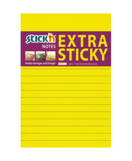 Superlīmveida piezīmju lapiņas STICK´N, 150 × 101 mm, līnijotas, 90 lapas, neona dzeltenas