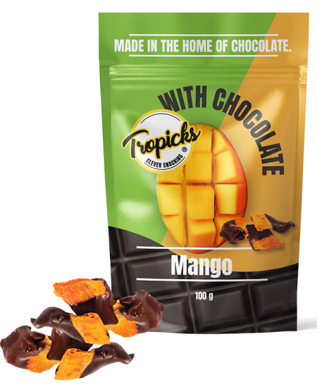 Dabīgi žāvēti mango melnajā šokolādē TROPICKS, 100 g