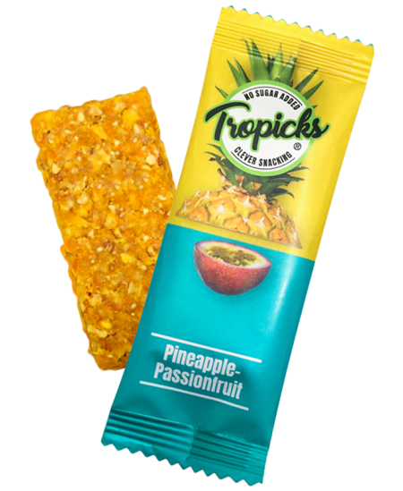Dabīgs žāvētu ananasu un pasifloras batoniņš bez cukura TROPICKS, 20 g