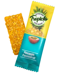 Natūralus džiovintų ananasų ir pasiflorų batonėlis be cukraus TROPICKS, 20 g