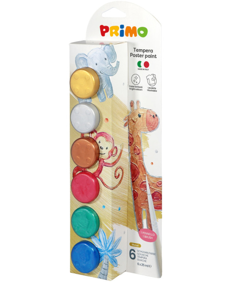 Guaša krāsa PRIMO, 6 metalizētas krāsas x 25 ml, ar otu