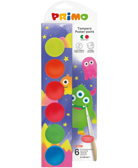 Guaša krāsa PRIMO, 6 fluorescējošas krāsas x 25 ml, ar otu