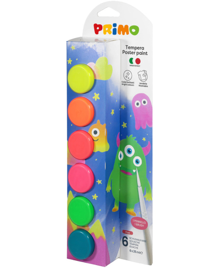 Guaša krāsa PRIMO, 6 fluorescējošas krāsas x 25 ml, ar otu