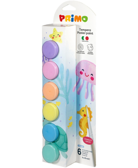 Guaša krāsas PRIMO, 6 pasteļu krāsas x 25 ml, ar otu
