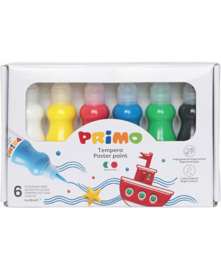 Guaša krāsas ergonomiskās pudelītēs PRIMO, 6 krāsas x 50 ml