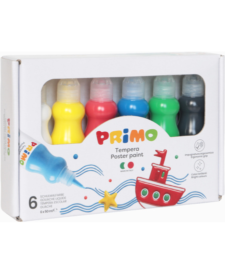 Guaša krāsas ergonomiskās pudelītēs PRIMO, 6 krāsas x 50 ml