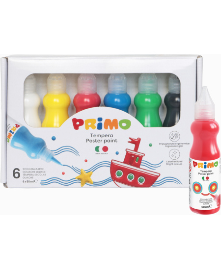Guaša krāsas ergonomiskās pudelītēs PRIMO, 6 krāsas x 50 ml