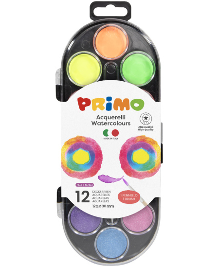 Akvarelis PRIMO, 12 metāliskas un fluorescējošas krāsas, ar otu