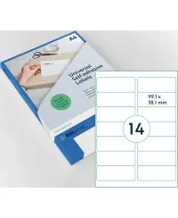 Etiķešu uzlīmes RILLPRINT 99,1x38,1 mm, A4, 14 uzlīmes vienā lapā, 100 lapas.