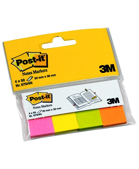 Lipnūs indeksai POST-IT, 20x38 mm, popieriniai, neoniniai, 4 x 50 vnt.