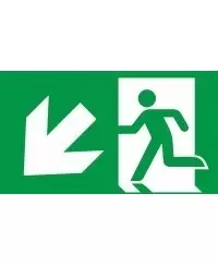 Evakuacinis saugos ženklas \"Išėjimas žemyn į kairę\"